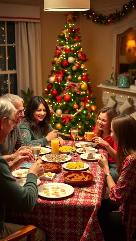Fun Christmas Games for One Winner Friends enjoying Christmas games together, with a decorated tree and festive snacks.